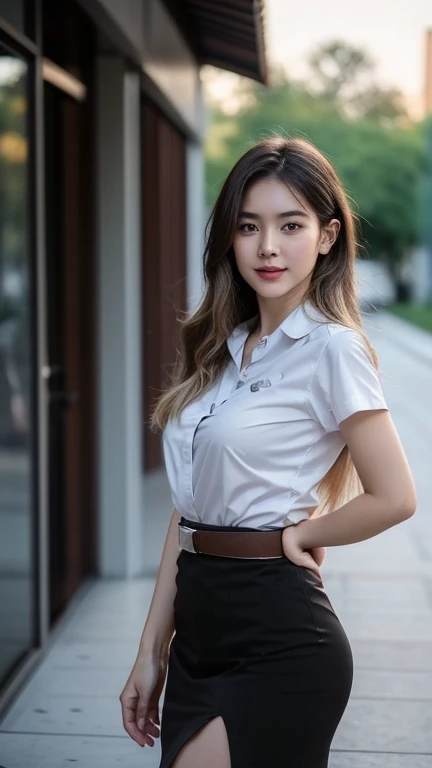 Pretty thai woman standing in wonder Turn to the side , Turn your body to the side , (8k, best quality, masterpiece, ultra highres:1.2) Photo of Pretty thai woman beautiful, beautiful enchanting fashion contemporary painting with , (1girl), (white shirt short sleeves), ((black pencil skirt)), belt , blonde hair, , realistic skin texture , round chin, 85 mm art lens, f 1. 2, sharp focus, 8 k high definition, insanely detailed, intricate, elegant, large breasts, big breasts , black skirt