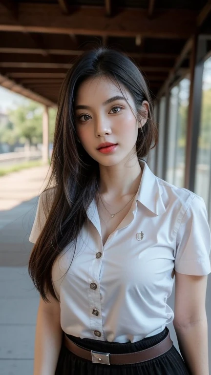 A beautiful Indonesian woman with natural beauty and big breasts is standing in a classroom. She has a wet body, as if she has been soaked in water. The scene is vibrant with vivid colors and bokeh effects. The woman has long dark hair and radiant skin. Her beautiful detailed eyes and lips enhance her overall attractiveness. She is wearing a student uniform, suggesting that she is a student. The lighting emphasizes her features and creates a captivating atmosphere. The artist focuses on capturing the woman's sensuality and the unique charm of the classroom environment. The artwork aims to depict the beauty of the Indonesian woman while exploring the aesthetics of wetness and moisture. Pubic hairs are depicted as part of the woman's natural beauty, adding to the overall realism and attention to detail. The artwork strives for the best quality, with high resolution (4k, 8k) and ultra-detailed rendering. It captures the woman's beauty in a realistic and photorealistic way. The color palette and lighting enhance the overall visual impact, creating a mesmerizing and engaging artwork.