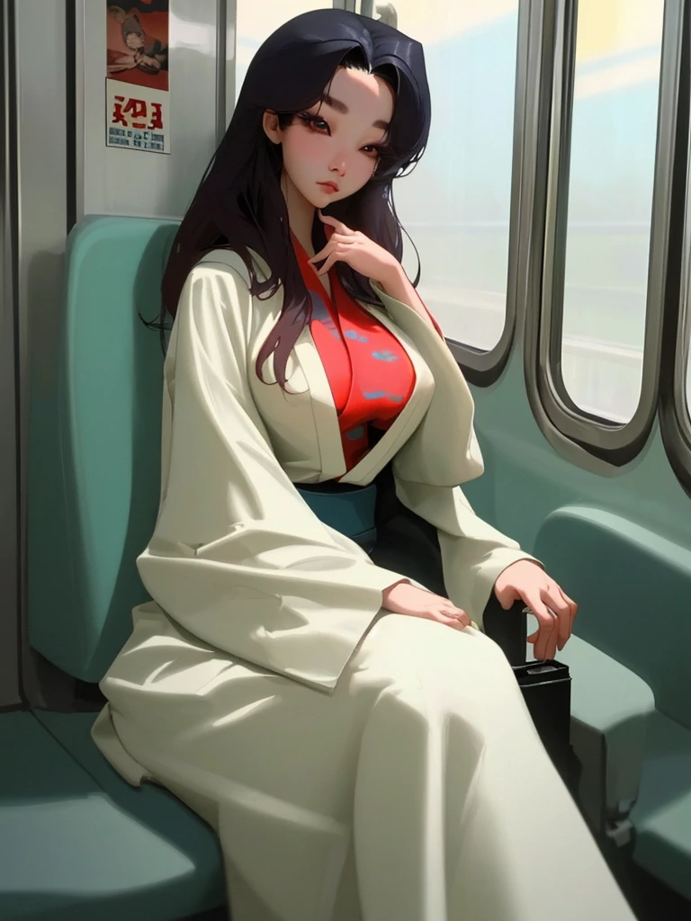Close-up photo of a very beautiful Korean woman, Bust size 34 inches, Not wearing a shirt, in the train, cinematic scene, UHD 