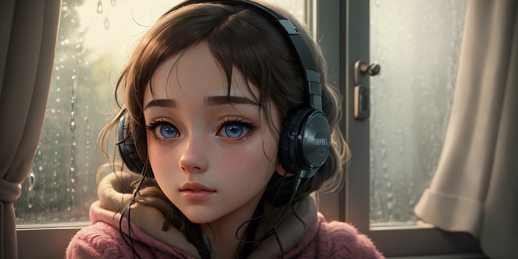 a girl hearing a song head phone on her ears on moon
