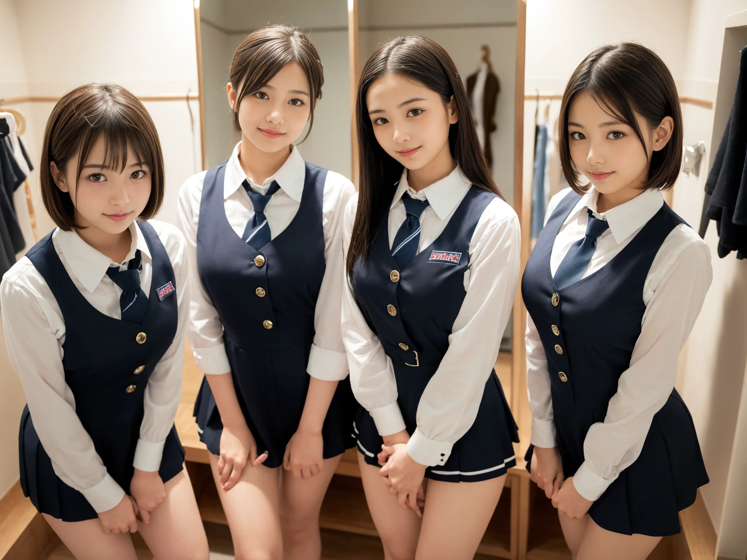 masterpiece, Highest quality, figure, Very detailed, The finer details, High resolution, 8k,wallpaper, Perfect dynamic composition,(Detailed high quality, Realistic depiction of eyes:1.3), (Three Girls),(A tight-fitting waitress uniform with buttons on the collar and chest), Seraphim, Short Bob Hair, The background is an empty changing room, Deep in the field, Black hair color, Big Natural Color Lip, (Perfect figure), (smile)、Harajuku Style、 in Japan:1.3), Adorable expression、Expressions of happiness、10 years old、height: 1ce、Amazingly cute、Cute typel feet, Idol Sculpture、(Changing clothes in the changing room:1.5)