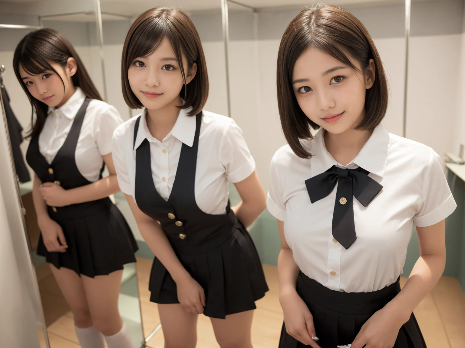 masterpiece, Highest quality, figure, Very detailed, The finer details, High resolution, 8k,wallpaper, Perfect dynamic composition,(Detailed high quality, Realistic depiction of eyes:1.3), (Three Girls),(A tight-fitting waitress uniform with buttons on the collar and chest), Seraphim, Short Bob Hair, The background is an empty changing room, Deep in the field, Black hair color, Big Natural Color Lip, (Perfect figure), (smile)、Harajuku Style、Elementary school girl in Japan:1.3), Adorable expression、Expressions of happiness、、height: 145cm、Baby Face、Amazingly cute、Cute type、Beautiful feet, Idol Sculpture、(Changing clothes in the changing room:1.5)