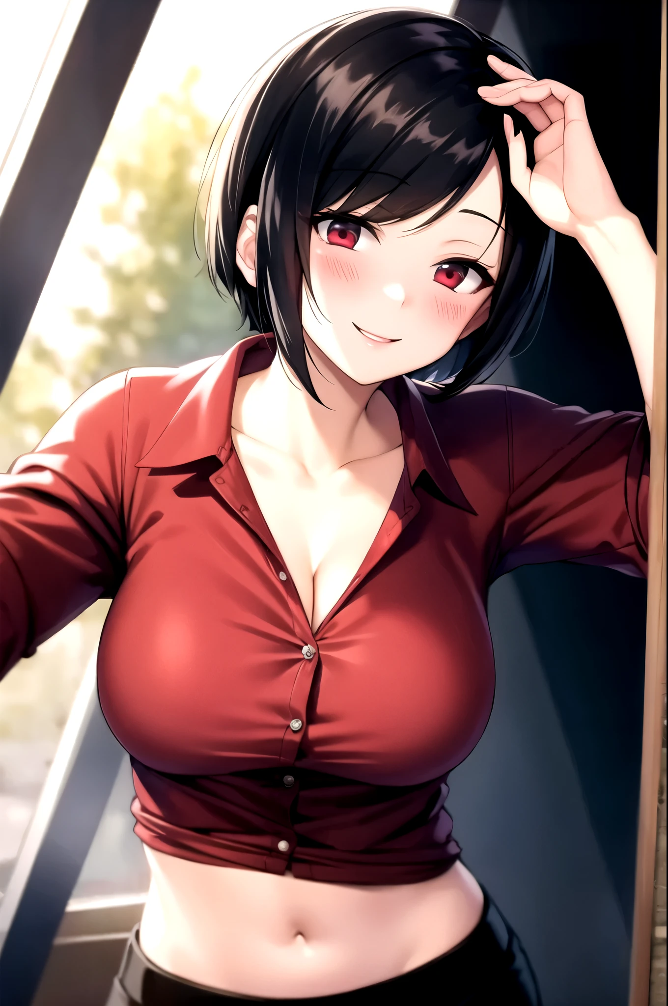 Ada wong,Red Shirt,Cleavage,Black trousers,smile,Sexy,Shirt with upturned collar, Shirt with open collar, high collar shirt,blush,One Woman,Place your hands behind your head,whole body,front,By the window of the rising sun,Large collar,Semi-short,