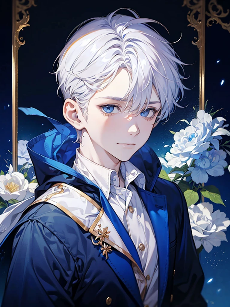 boy, blue eyes, white short wavy hair, cool boy, handsome boy. sad smile