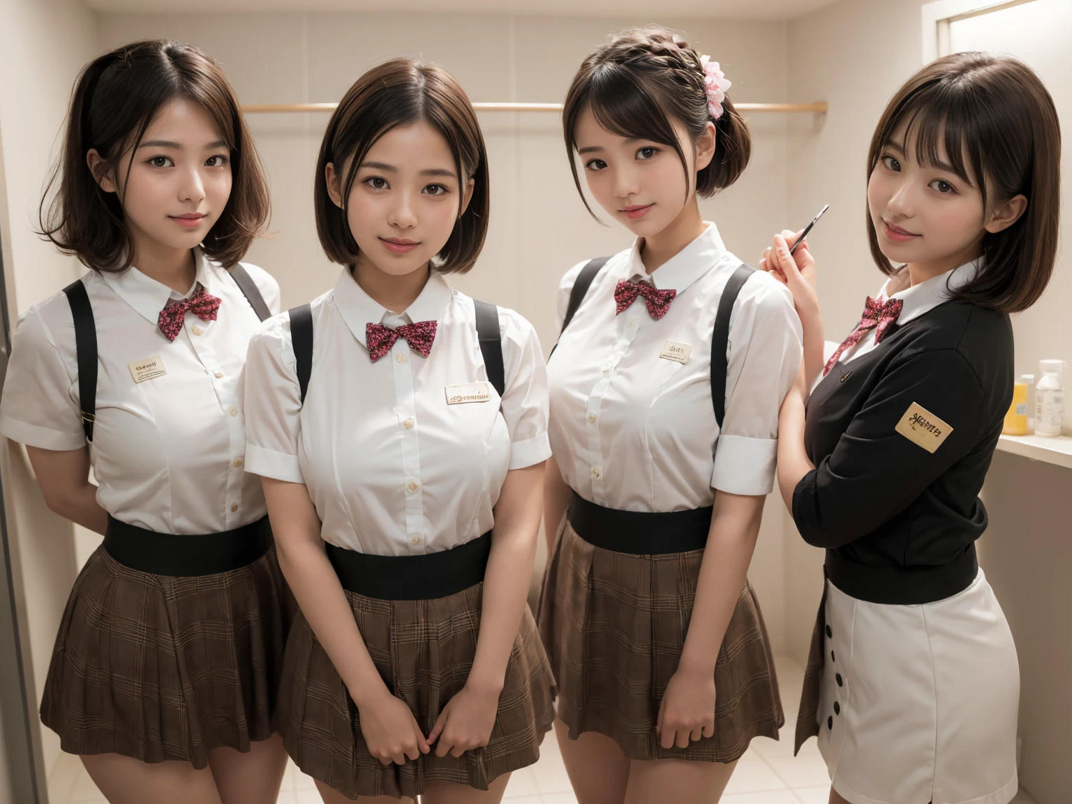 masterpiece, Highest quality, figure, Very detailed, The finer details, High resolution, 8k,wallpaper, Perfect dynamic composition,(Detailed high quality, Realistic depiction of eyes:1.3), (Three Girls),(A tight-fitting waitress uniform with buttons on the collar and chest), Seraphim, Short Bob Hair, The background is an empty changing room, Deep in the field, Black hair color, Big Natural Color Lip, (Perfect figure), (smile)、Harajuku Style、Elementary school girl in Japan:1.3), Adorable expression、Expressions of happiness、10 years old、height: 145cm、Baby Face、Amazingly cute、Cute type、Beautiful feet, Idol Sculpture、(Changing clothes in the changing room:1.5)