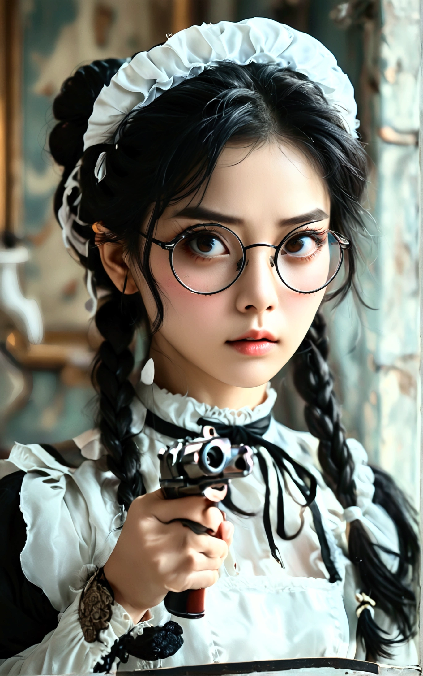 4k、Super Resolution、Very realistic live action、Background of a luxurious mansion、A woman in a maid outfit、Chinese American、Bizarre look、Super aggressive look、Wearing round glasses、Very narrow eyes and poor eyesight、Handguns in both hands crossed above head、A pose like one from an action scene、Black Hair、Her hair is very long and braided in twin tails.