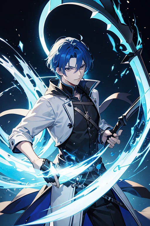 A blue-haired man holding a pale scythe。The background is night（（Your face looks beautiful））
