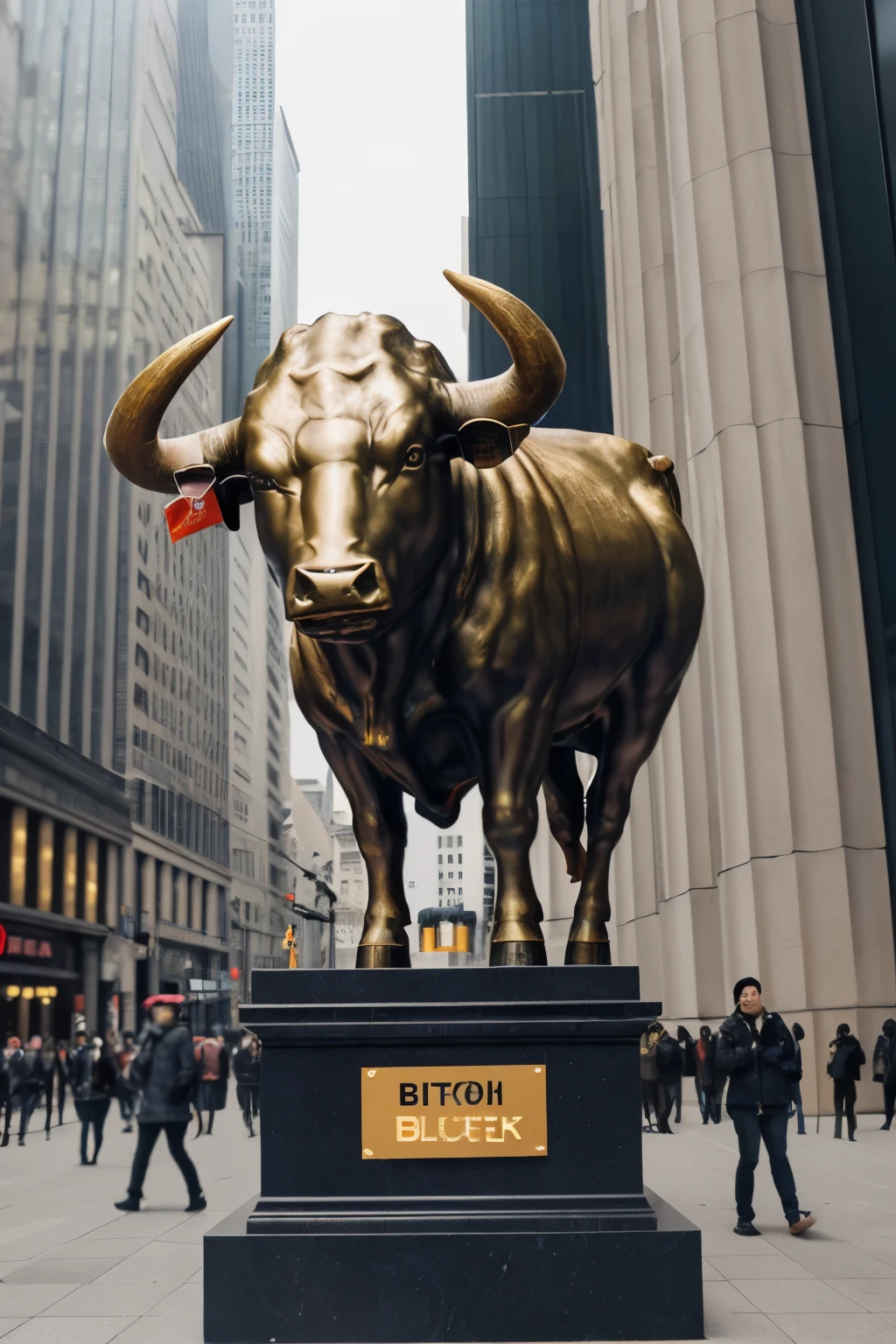 A bank of Bitcoin with a statue with a bull from markets  on top of blockchain-shaped money bags