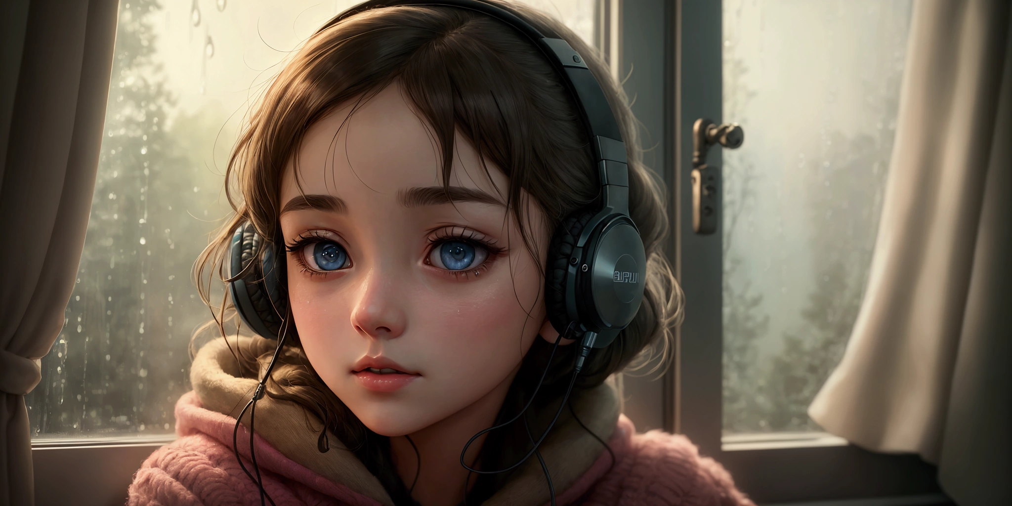 a girl listening to music in a cozy room on a rainy morning, wearing headphones, 2D anime style, lo-fi aesthetic, analog color theme, ghibli-esque style, detailed face and expression, beautiful detailed eyes, beautiful detailed lips, extremely detailed eyes and face, long eyelashes, detailed clothing, detailed background, warm lighting, rain outside window, peaceful atmosphere, high quality, 8k, masterpiece, ultra-detailed, photorealistic, professional