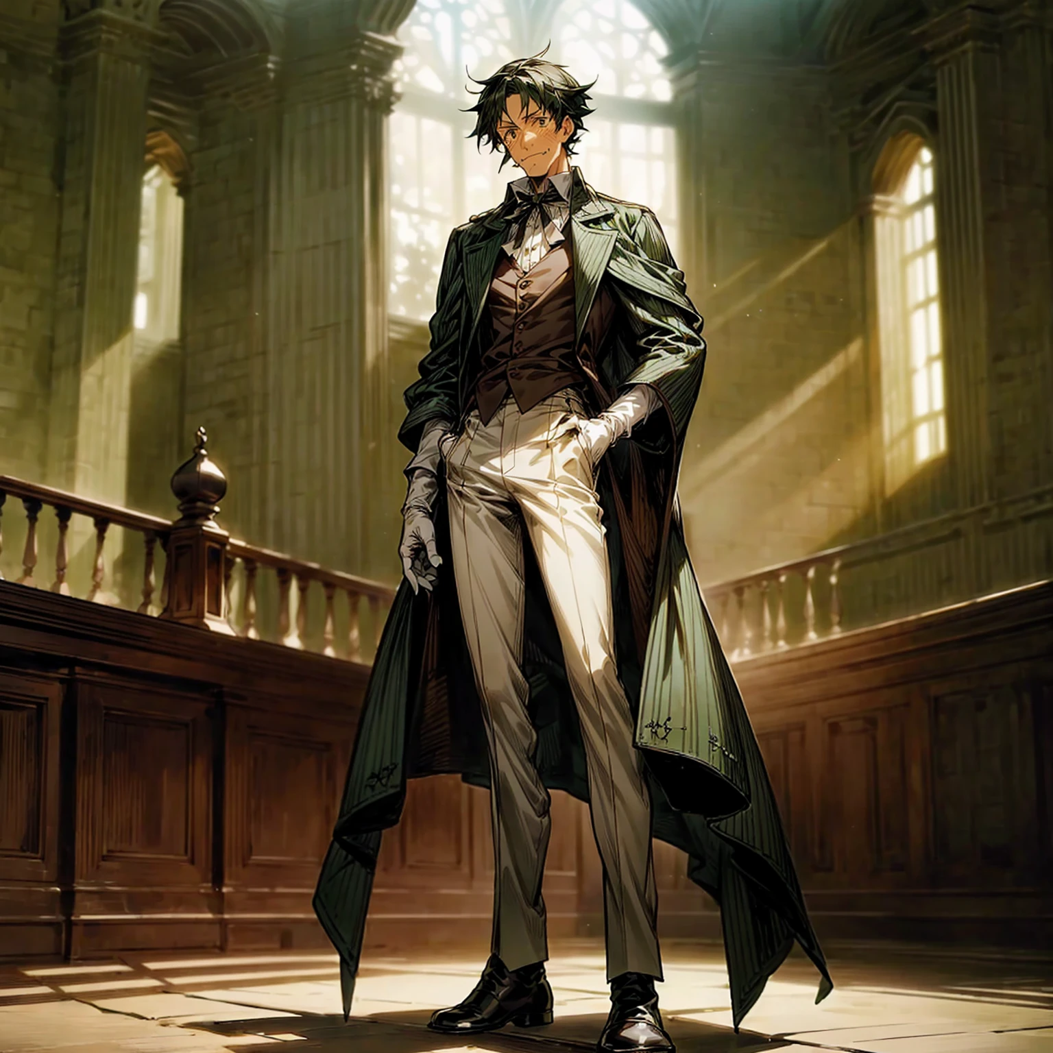 Solo character, old man, tall height, full body version, green colour hair, short haircut, formal suit clothing, white color clothing, brown pants, boots, gloves, indoor, medieval, Castle, top hat pandora, (moustache), (black clover style art), detailed clothing, detailed hair, detailed background, standing gesture, blue fire in hand, smile mouth,