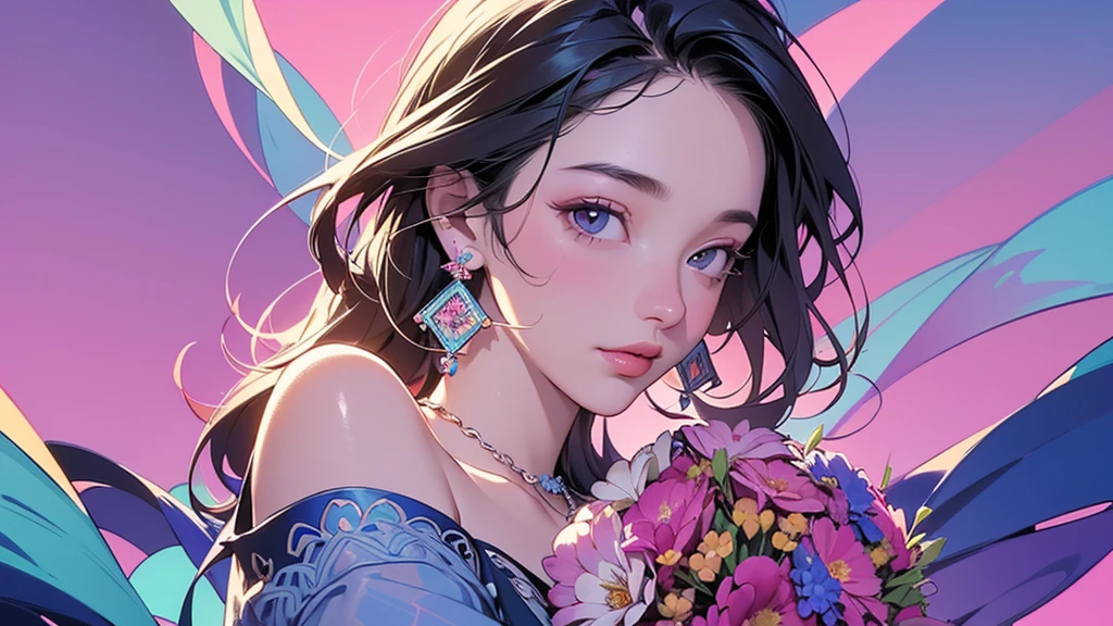 32K, 最高quality, 最高masterpiece, (ultra-Detailed Background, Detailed Background), High resolution, Super detailed, Very detailedな, One girl, (bouquet:1.3), (Tangled:1.2), (Geometric:1.2),(colorful),(masterpiece, quality, best quality, Official Art, Beautiful and beautiful:1.2), (1 girl:1.3), Very detailed,(colorful:1.1)(Flowers:1.3),Most detailed,(Tangled:1.2), whole body, (Abstract background:1.3), (Skin glows), (Many colors:1.4), ,(Earrings Jewelry:1.5), Gradient pink background,
