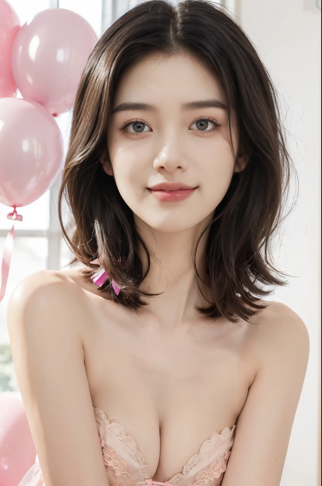 (((best quality))),(((ultra detailed))),(((masterpiece))),illustration,((1girl,solo)),(shoulder-length bob:1.2),(black hair:1.3),((bright eyes,flawless skin)),((slim,thin)),((small breasts,flat chest)),(dog collar with a bell:1.2),(strapless pink sheer bra:1.3),sweetheart neckline,innocent yet alluring,(In a pink princess theme bedroom:1.3),(colorful gift box:1.2),wonderful expression,big bows,festive atmosphere,balloons and streamers,sunlight streaming in,radiant smile,anticipation,joy and excitement,capturing a moment of pure happiness,((from front,close-up of face))