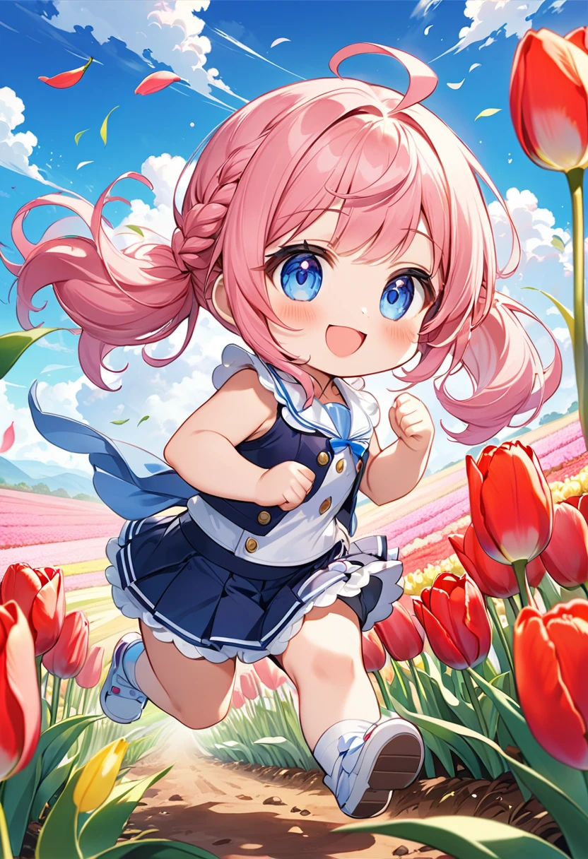Highest quality、High resolution、Detailed Background、Beautiful face in every detail、Anatomically correct、Detailed facial expressions、fine grain、((full body, from side:1.8, side shot)), break ((One Girl:1.2)、(Chibi Girl:1.2))、Cute hair color、Big beautiful blue eyes、Fuller lips、Pink Lips、Braided twin tails、Ahoge、(Sprinting through the tulip fields:1.2、Beautiful forms、forward leaning posture:1.2)、(Cute sleeveless spring outfit、mini skirt、Cute sneakers)、break ((Sprinting pose:1.2))、I have nothing in my hands、(Happy expression:1.2、Big smile:1.2)、、break (The background is the spring sky、Spring Clouds、Flower storm、((Big Frog:1.2)))