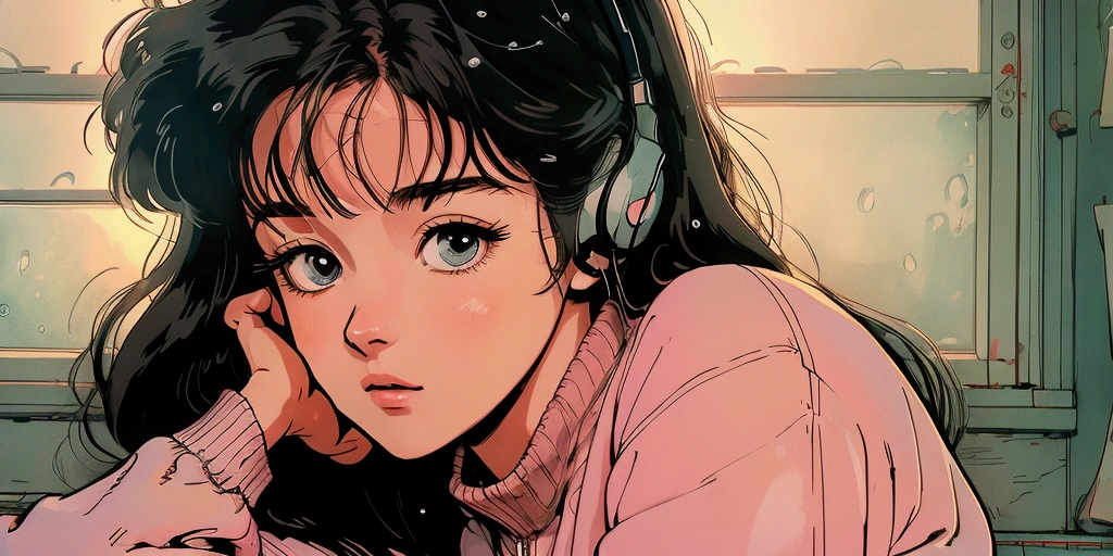 a girl listening to music in a cozy room on a rainy morning, wearing headphones, 2D anime style, lo-fi aesthetic, analog color theme, ghibli-esque style, detailed face and expression, extremely detailed eyes and face, long eyelashes, detailed clothing, detailed background, warm lighting, rain outside window, peaceful atmosphere, high quality, 8k, masterpiece, ultra-detailed, photorealistic, professional