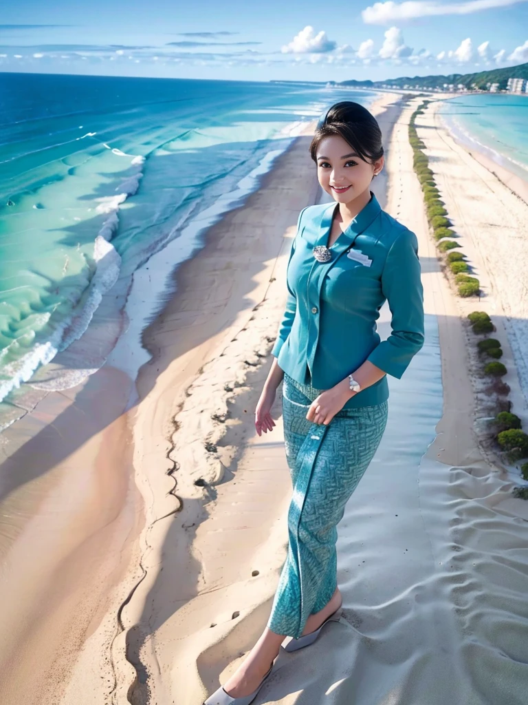 1girl, solo, standing, at the beach, beautifully ocean scenery, cute little smirk, detailed eyes, thick medium breasts, smooth realistic skin, wearing flight attendant uniform, looking at the audience, (Overhead shot:1.3), (zoom out:1.4), (8k, RAW photo, best quality, masterpiece: 1.2), (realistic, realistic: 1.37), ultra-high resolution