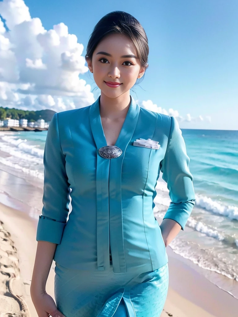 1girl, solo, standing, at the beach, beautifully ocean scenery, cute little smirk, detailed eyes, thick medium breasts, smooth realistic skin, wearing flight attendant uniform, looking at the audience, (Overhead shot:1.3), (zoom out:1.4), (8k, RAW photo, best quality, masterpiece: 1.2), (realistic, realistic: 1.37), ultra-high resolution