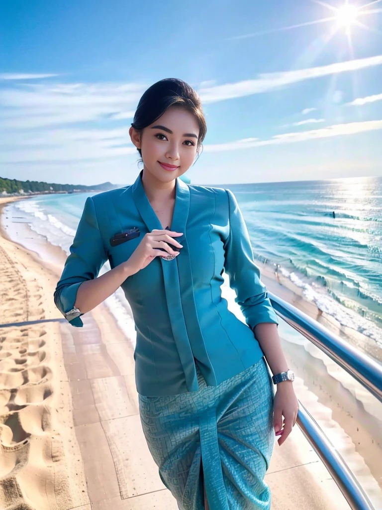 1girl, solo, standing, at the beach, beautifully ocean scenery, cute little smirk, detailed eyes, thick medium breasts, smooth realistic skin, wearing flight attendant uniform, looking at the audience, (Overhead shot:1.3), (zoom out:1.4), (8k, RAW photo, best quality, masterpiece: 1.2), (realistic, realistic: 1.37), ultra-high resolution