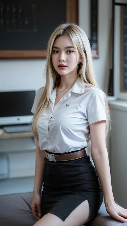 Pretty thai woman blonde hair standing in wonder Turn to the side , Turn your body to the side ,  (8k, best quality, masterpiece, ultra highres:1.2) Photo of Pretty thai woman beautiful, beautiful enchanting fashion contemporary painting with , (1girl), (white shirt short sleeves), ((black pencil skirt)), belt , blonde hair, , realistic skin texture , round chin, 85 mm art lens, f 1. 2, sharp focus, 8 k high definition, insanely detailed, intricate, elegant, large breasts, big breasts , black skirt 