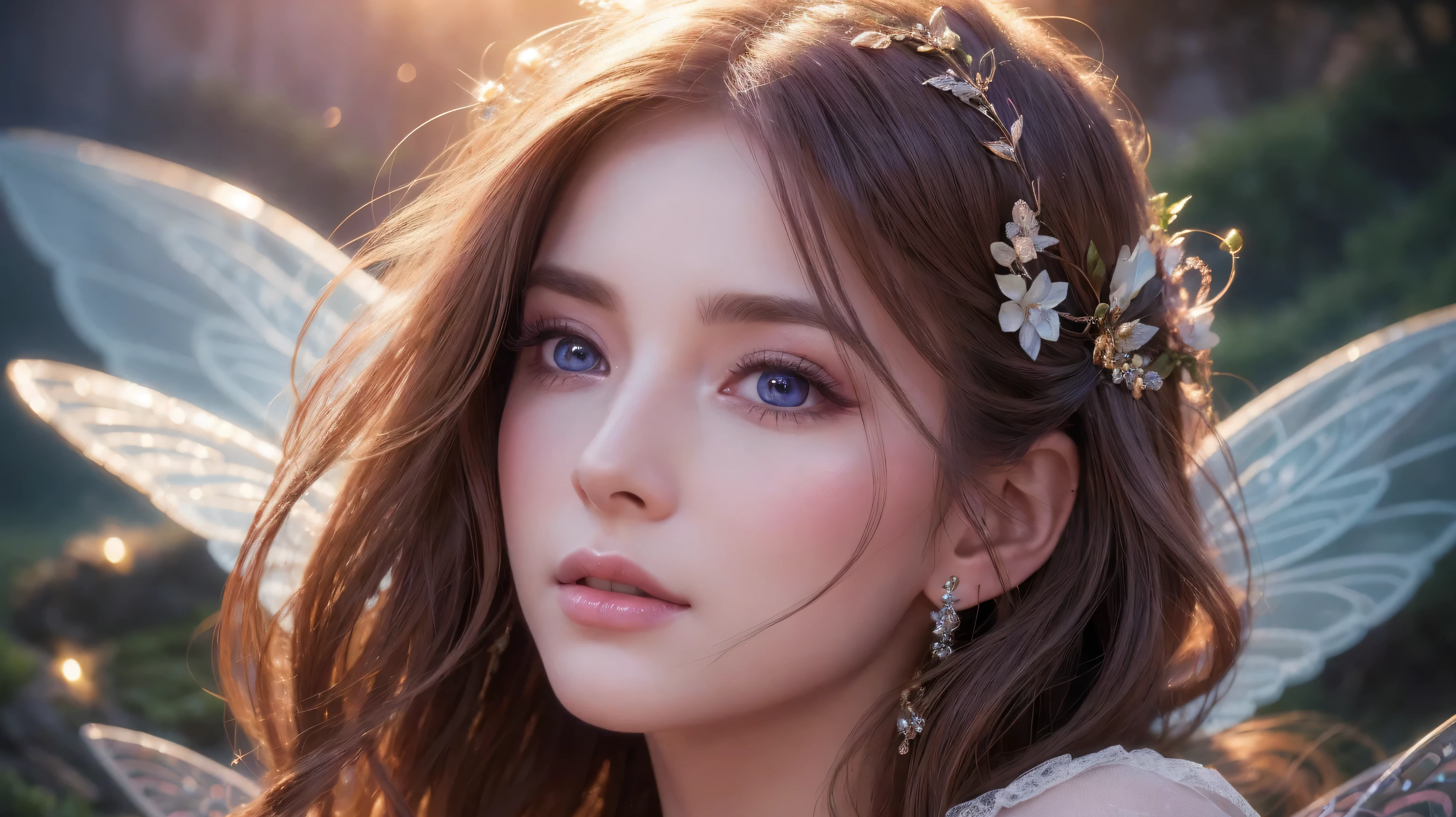 a beautiful ethereal fairy woman, 30 years old, extremely detailed, 4k, 8k, cinematic, photorealistic, high quality, highly detailed face, beautiful eyes, long eyelashes, delicate nose, full lips, flowing hair, intricate fairy wings, whimsical expression, magical atmosphere, ambient studio lighting, vibrant colors, fantasy landscape background