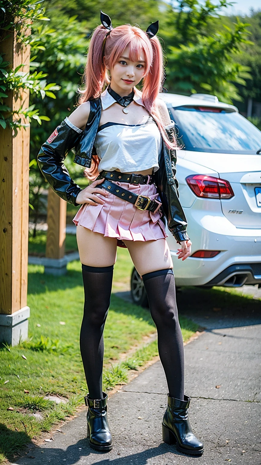 (8k、RAW Photos、Highest quality、masterpiece:1.2)、(Realistic、Realistic)、1 girl、((Pink Hair、Twin tails、mini skirt、Tube top、black、Thin legs、whole body、boots、one piece、tights、View from the front、Looking into the camera、belt、Stand with hands on hips))、cute