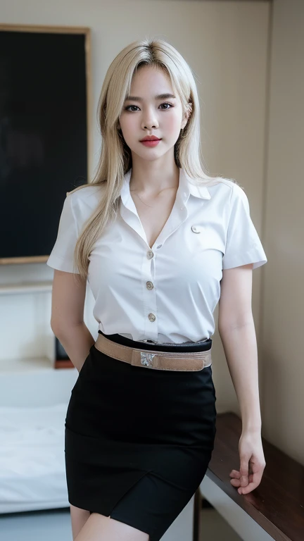 Pretty thai woman blonde hair standing in wonder Turn to the side , Turn your body to the side ,  (8k, best quality, masterpiece, ultra highres:1.2) Photo of Pretty thai woman beautiful, beautiful enchanting fashion contemporary painting with , (1girl), (white shirt short sleeves), ((black pencil skirt)), belt , blonde hair, , realistic skin texture , round chin, 85 mm art lens, f 1. 2, sharp focus, 8 k high definition, insanely detailed, intricate, elegant, large breasts, big breasts , black skirt 