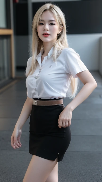 Pretty thai woman blonde hair standing in wonder Turn to the side , Turn your body to the side , (8k, best quality, masterpiece, ultra highres:1.2) Photo of Pretty thai woman beautiful, beautiful enchanting fashion contemporary painting with , (1girl), (white shirt short sleeves), ((black pencil skirt)), belt , blonde hair, , realistic skin texture , round chin, 85 mm art lens, f 1. 2, sharp focus, 8 k high definition, insanely detailed, intricate, elegant, large breasts, big breasts , black skirt