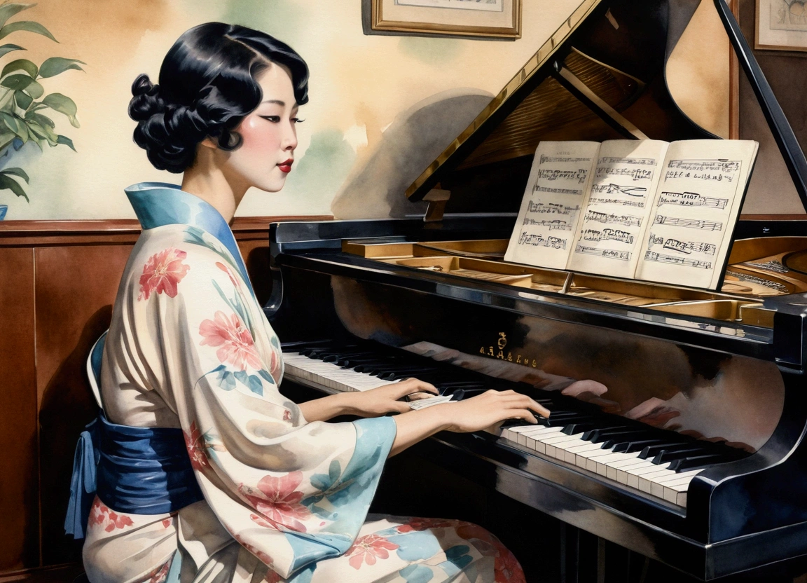 Taisho Romance obert johnson, gritty, alabama bar, blue note, charismatic , leopard skin dress, illustration, noir fantasy, lone lady, sad ending, japanese kimono woman pianist blues bluesmusic blues bar sad feeling dark moonlight usa america south blues bar