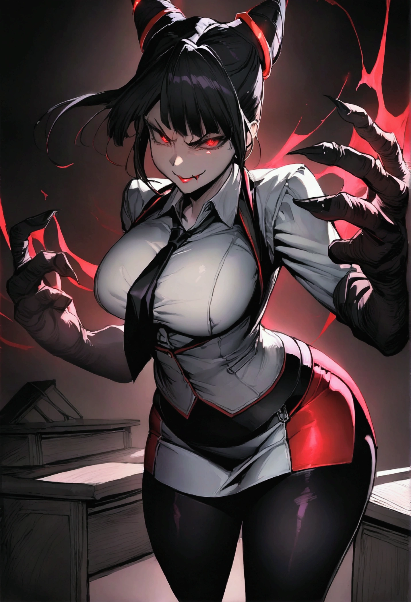 Juri Han, Artwork, fitted white secretary shirt with black tie, mini skirt short, skirt short,black tights, Bblack hair, blackstockings,Evil smile,desk,bangs on the eyes,Lighting,horn of hair,red eyes glowing,neckleace,evil smile hands on waist,curves,belas curves
