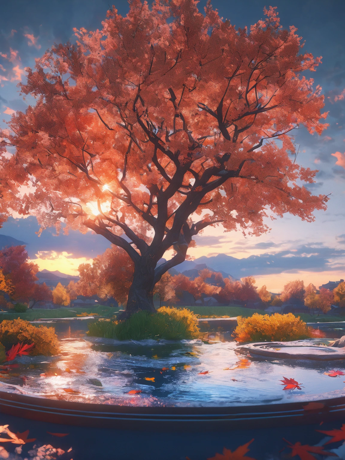 DIY16,best quality, Ultra HD, masterpieces, 8K, Practical, Anime style, 3D Rendering,(Pond in the evening:1.2), (8K, best quality, masterpiece:1.2), (Ultra-high resolution:1.0), Extremely bright design, Soft colors, (ink:1.3), Autumn Lights, High Detail, dramatic, photoPractical painting art