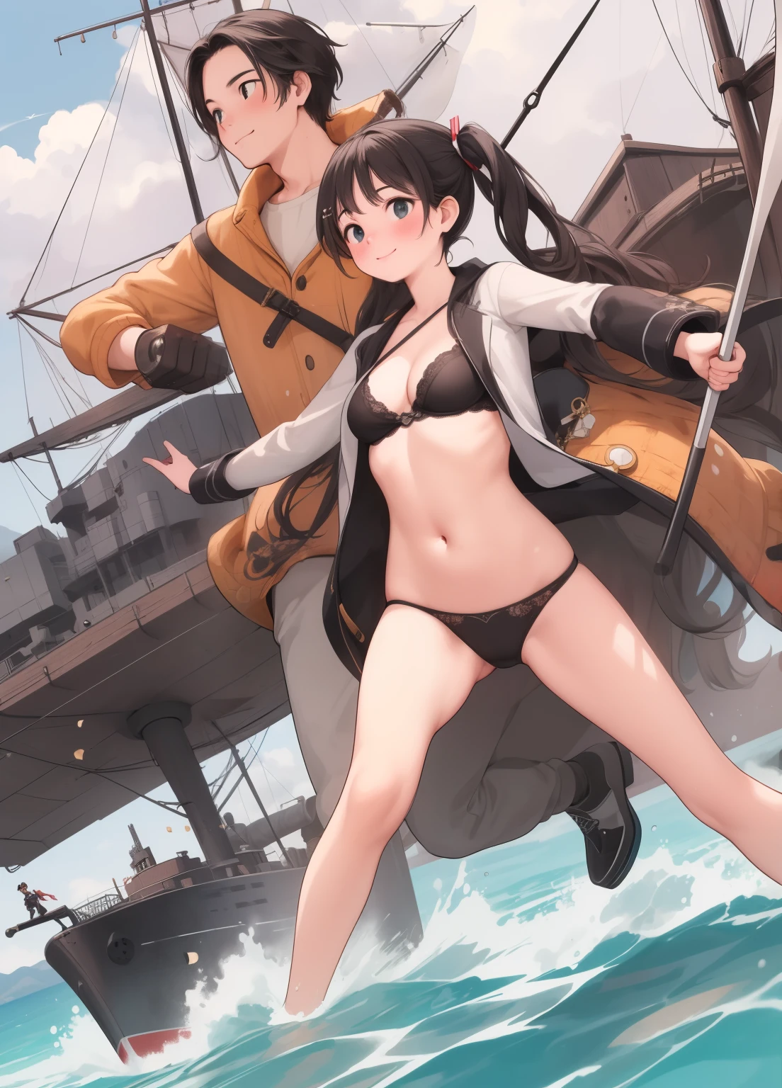 (masterpiece、最高quality、最高quality、Official Art、美しくbeautiful:1.2)、(One girl:1.3)Hatsune Miku、Twin tails,Beautiful breasts, Katsushika Hokusai,quality\(8k,非常に精細なCGユニットのwallpaper, masterpiece,High resolution,top-quality,top-quality real texture skin,Surreal,Increase the resolution,RAW Photos,最高quality,Very detailed,wallpaper,Cinema Lighting,Ray-tracing,Golden Ratio\), break ,(1 couple\(One man and one woman\((Finding:1;4)\)\) :1.4), 1 couple\(One man and one woman,Finding,pirate, Muscular, one with rapier and one photograph gatling gun, Wicked Smile, Big smile, Open stomach, Open cleavage, Eye patch, beautiful, Dark Skin ,Glowing Skin, Long Hair,(Dynamic pose:1.4)), break ,background\(On the boat,In the dynamic and wide sea,Many ships\(Battleship,pirate ships\) photograph,cannon, explosion\),(Dynamic Angle:1.4),