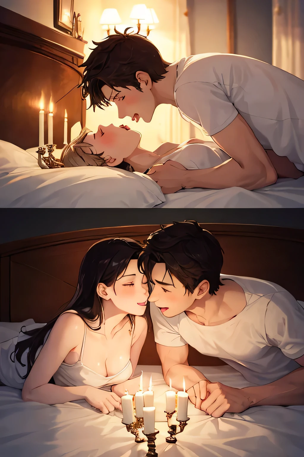 Boy and woman, beautiful woman, kissing each other with passion, in a bedroom, bright room, candles lit, night time,