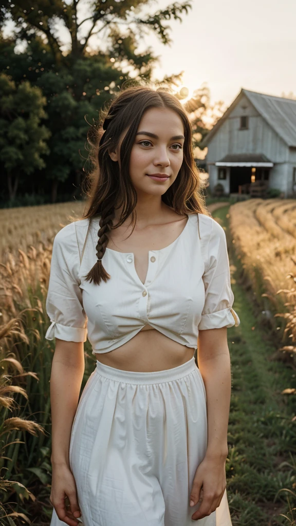 (NSFW: 0.1), Ample bust, Mature allure, One young woman, 20-years-old, Lofty elegance, Sporting a quaint rustic attire, Cornrow braids, Positioned on a rustic countryside farm. She exudes gentility, Radiant smile and emotive eyes. An endearing barn becomes the backdrop, Lush golden wheat fields and sky-blue heavens in sight. The composition is bathed in the golden hour's warm light., The subtle depth of field and delicate bokeh emphasize the idyllic tranquility., Evoke images of being captured on retro 35mm film, Cinematic essence,