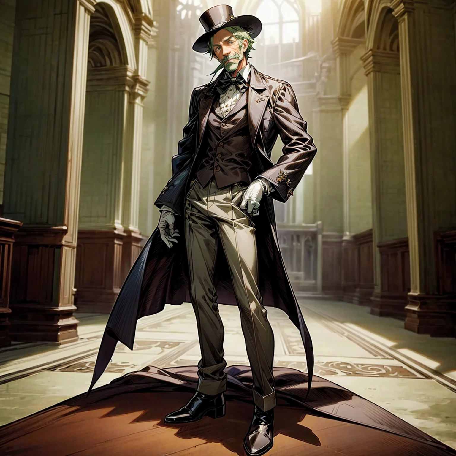 Solo character, old man, tall height, full body version, green colour hair, short haircut, formal suit clothing, white color clothing, brown pants, boots, gloves, indoor, medieval, Castle, top hat pandora, (moustache), (black clover style art), detailed clothing, detailed hair, detailed background, standing gesture, blue fire in hand, smile mouth,