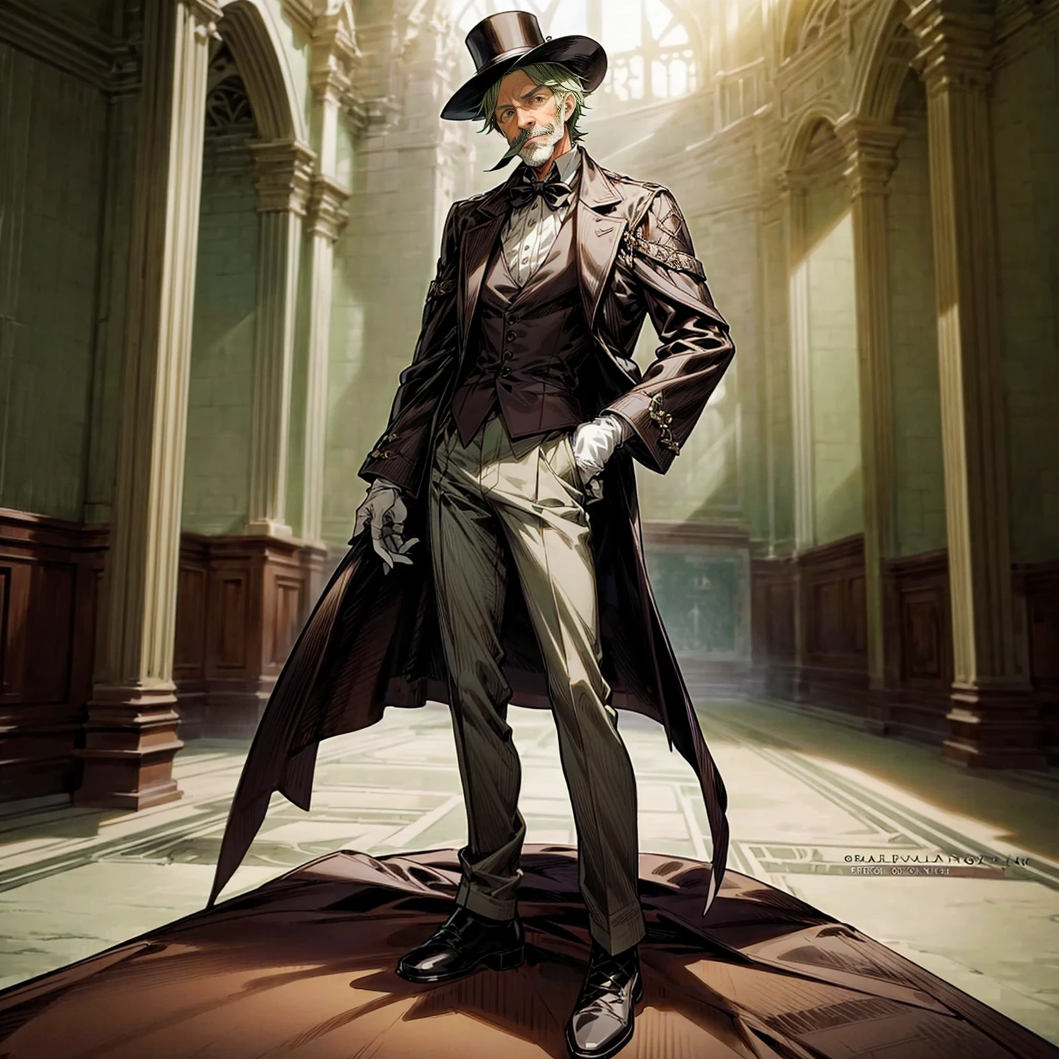 Solo character, old man, tall height, full body version, green colour hair, short haircut, formal suit clothing, white color clothing, brown pants, boots, gloves, indoor, medieval, Castle, top hat pandora, (moustache), (black clover style art), detailed clothing, detailed hair, detailed background, standing gesture, blue fire in hand, smile mouth,