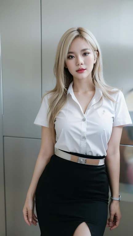Pretty thai woman blonde hair standing in wonder Turn to the side , Turn your body to the side , (8k, best quality, masterpiece, ultra highres:1.2) Photo of Pretty thai woman beautiful, beautiful enchanting fashion contemporary painting with , (1girl), (white shirt short sleeves), ((black pencil skirt)), belt , blonde hair, , realistic skin texture , round chin, 85 mm art lens, f 1. 2, sharp focus, 8 k high definition, insanely detailed, intricate, elegant, large breasts, big breasts , black skirt