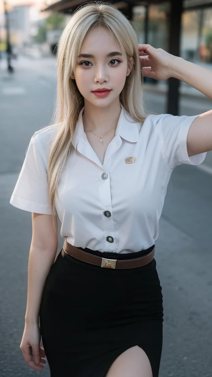 masutepiece, Best Quality:1.2), 8K, student, 85 mm, Official art, Raw photo, absurderes, student uniform shirts, Pretty Face, close up, Upper body, violaceaess, gardeniass, Beautiful Girl, Thailand School uniform, (Navy pleated skirt:1.1), Cinch West, thighs thighs thighs thighs, Short sleeve, on train, Sitting on a bench seat, Looking at Viewer, No makeup, (Smile:0.4), Film grain, chromatic abberation, Sharp Focus, face lights, clear lighting, Teentailed face, Bokeh background, (dark red necktie:1.1)