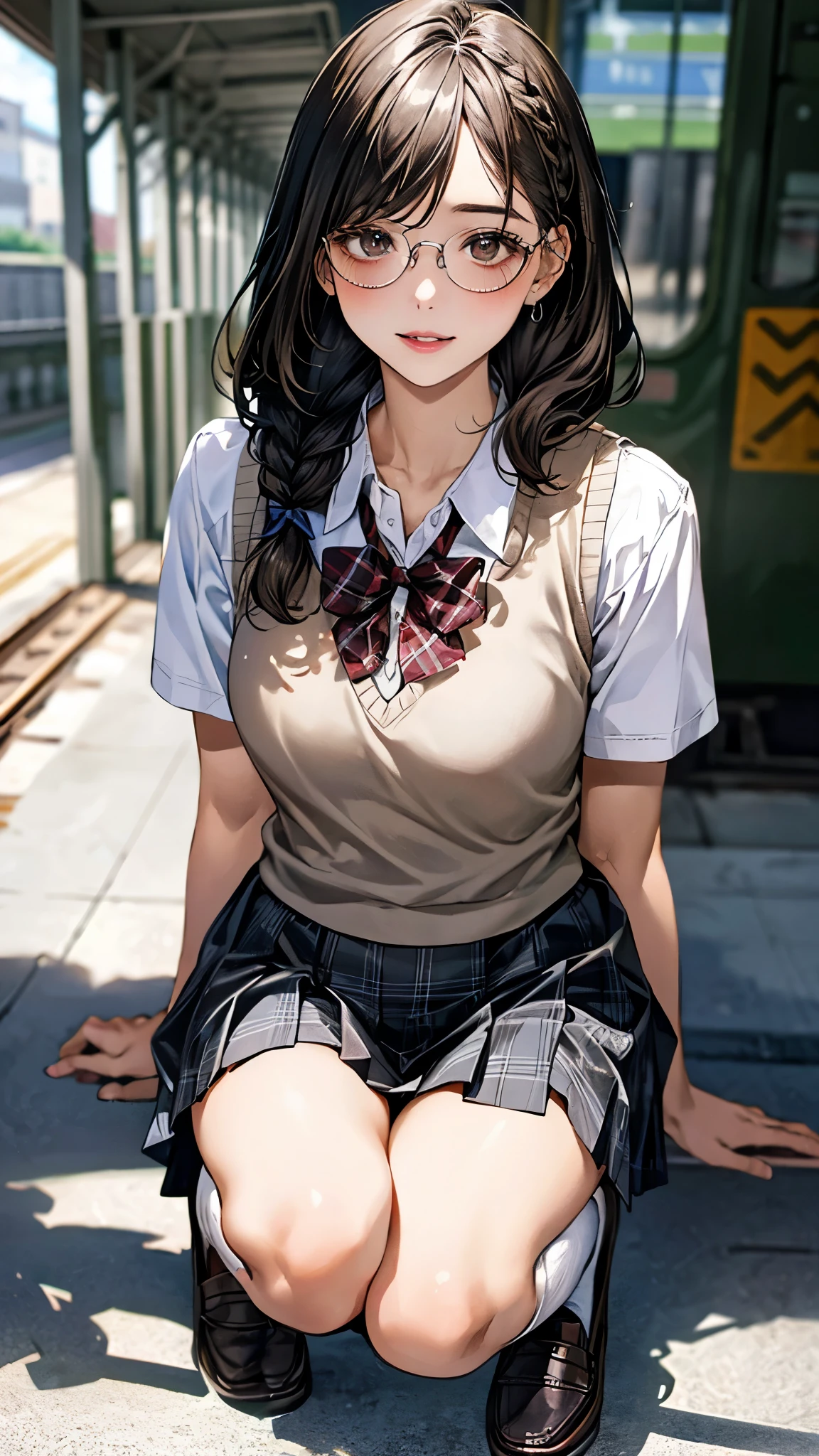 (masterpiece:1.3, top-quality, ultra high res, ultra detailed), (realistic, photorealistic:1.4), beautiful illustration, perfect lighting, natural lighting, colorful, depth of fields, surrealism,
beautiful detailed hair, beautiful detailed face, beautiful detailed eyes, beautiful clavicle, beautiful body, beautiful chest, beautiful thigh, beautiful legs, beautiful fingers, shiny skin,
looking at viewer, 1 girl, japanese, high school girl, (perfect anatomy, anatomically correct, super detailed skin), cute and symmetrical face, babyface, perfect face, perfect eyes,
(middle hair, twin braid, black hair), parted bangs, brown eyes, big eyes, drooping eyes, round glasses, long eyelashes, (medium breasts, seductive thighs), slender, outstanding style,
((detailed cloth texture, break,break, white collared shirt, break,break, light brown knit vest, break,break, grey plaid pleated skirt, break,break, red bow tie), break,break, white socks, black loafer),
(beautiful scenery), evening, (train station), squatting, (arms behind back), (lovely smile, parted lips),