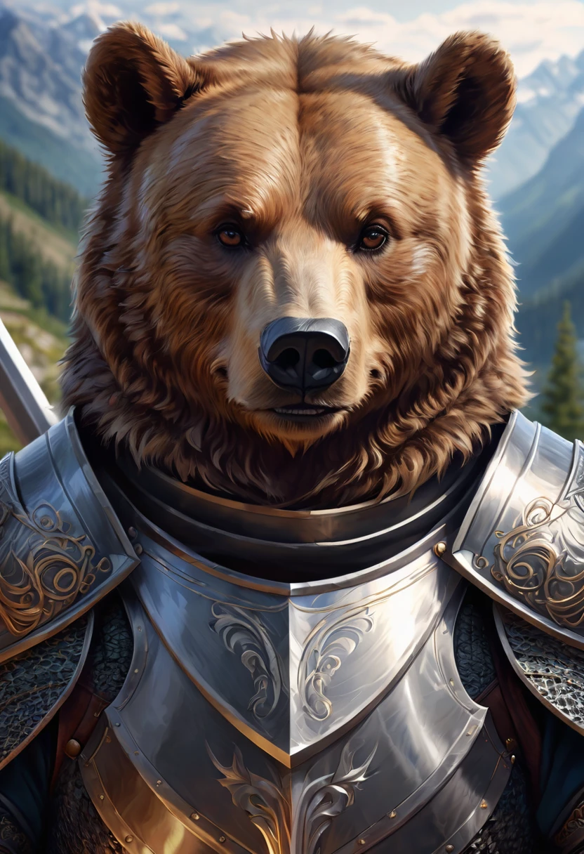Anthropomorphic  Bear knight Official Art – An Award-Winning Digital Masterpiece In 4K Ultra HD, Extreme Detail And Intricate Realism. Symmetrical Face. This Concept Art Brought To Life By The Hands Of Artists Like Wlop & Artgerm In A Stunning 2D Vector Illustration.Background Is A Panoramic Vista.
