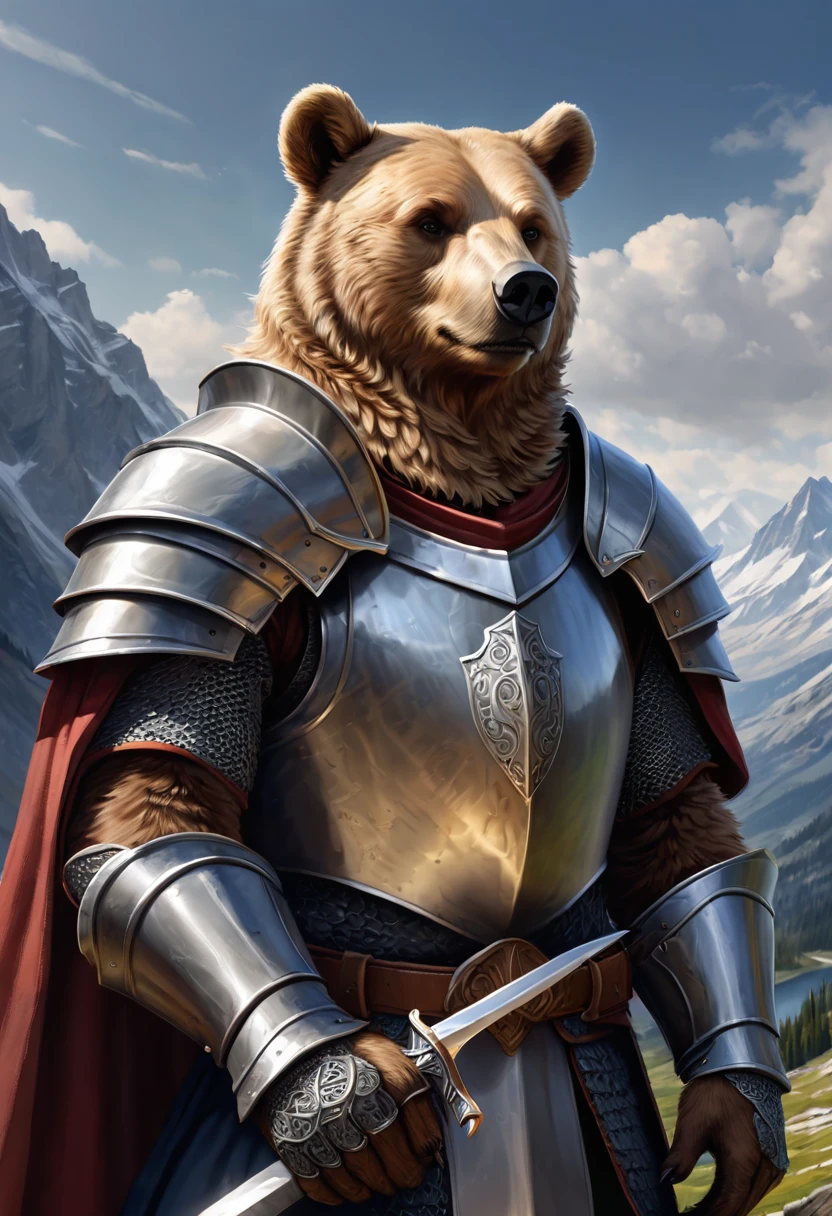 Anthropomorphic Bear knight Official Art – An Award-Winning Digital Masterpiece In 4K Ultra HD, Extreme Detail And Intricate Realism. Symmetrical Face. This Concept Art Brought To Life By The Hands Of Artists Like Wlop & Artgerm In A Stunning 2D Vector Illustration.Background Is A Panoramic Vista.