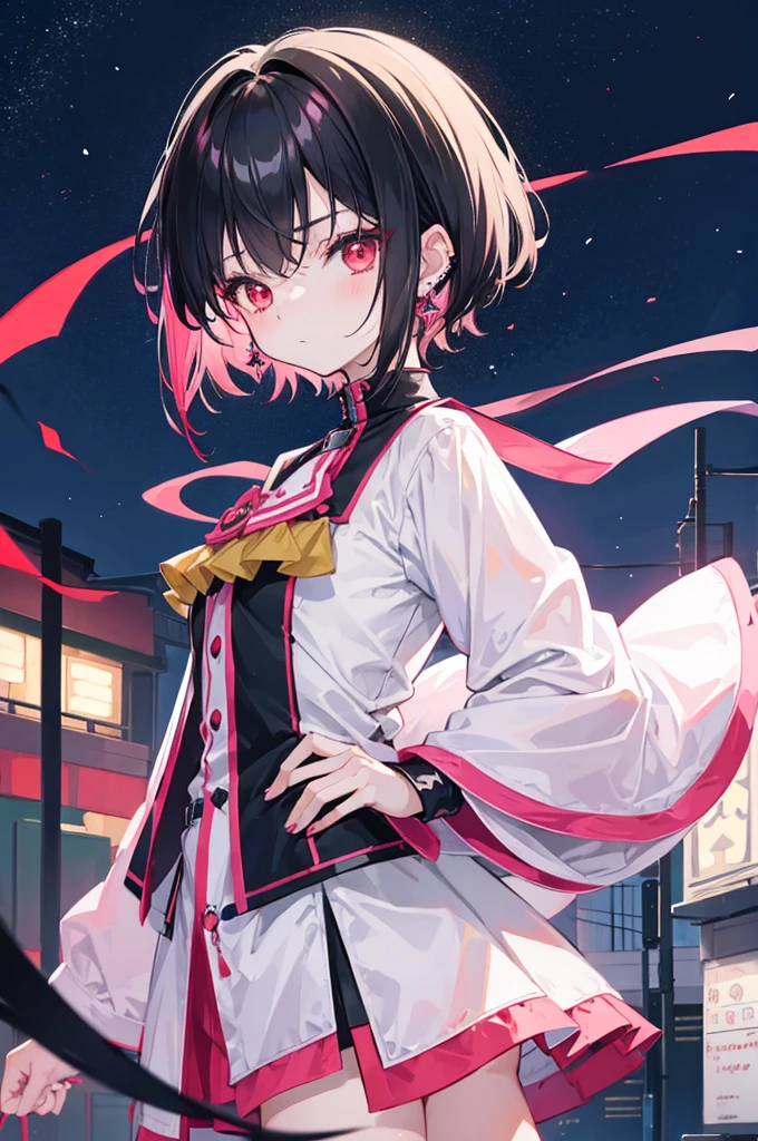 Anime, girl, teenage, hime-cut, short hair, black hair, red eyes, cool, , earrings, night, highlights pink under hair, night towns,