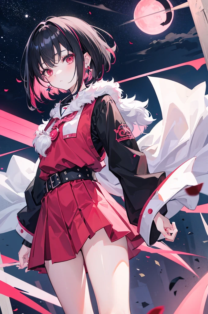 Anime, girl, teenage, hime-cut, short hair, black hair, red eyes, cool, , earrings, night, highlights pink under hair, night towns,