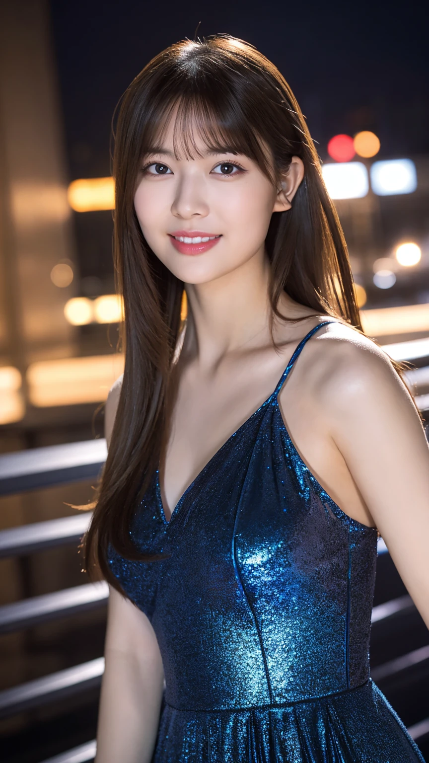 1girl,(wearing a blue glittery evening dress:1.2),(RAW photo, best quality), (realistic, photo-realistic:1.4), masterpiece, an extremely delicate and beautiful, extremely detailed, 2k wallpaper, Amazing, finely detail, extremely detailed CG unity 8k wallpaper, ultra-detailed, highres, soft light, beautiful detailed girl, extremely detailed eyes and face, beautiful detailed nose, beautiful detailed eyes,cinematic lighting,city lights at night,perfect anatomy,slender body,light smile,close up,(long hair with bangs), perfect breast, open shoulder