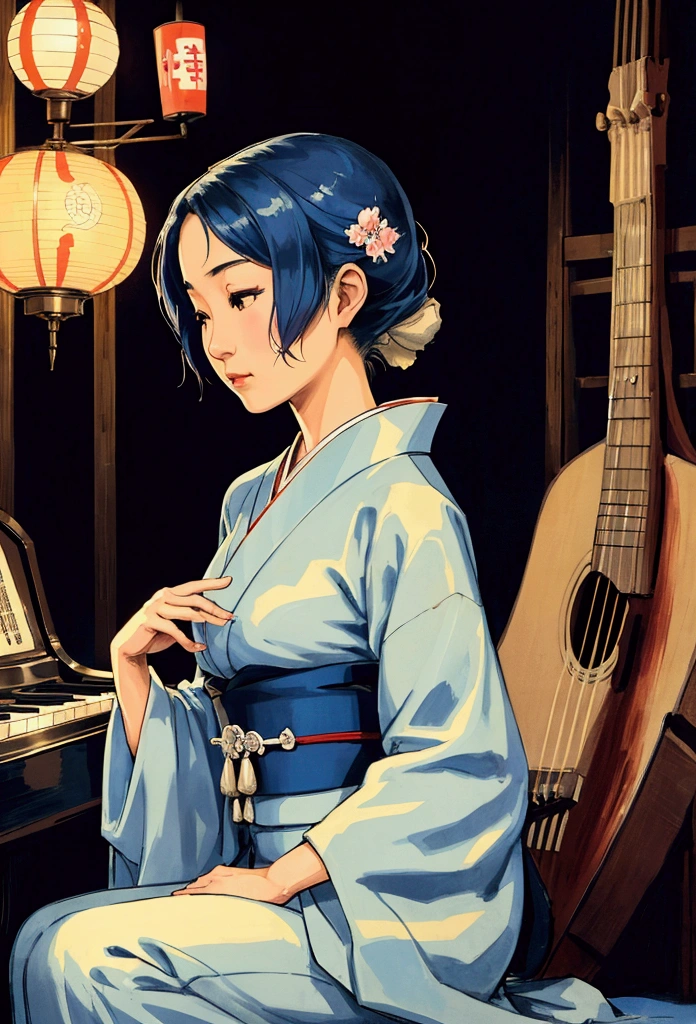 A beautiful Japanese woman in a kimono plays bluesy piano in a 1930s speak easy, a rough saloon in the American South. blues speak easy oil A subtle light color