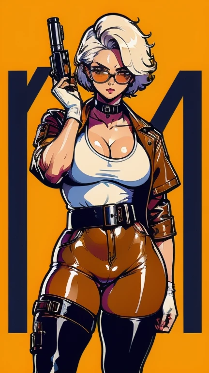 (masterpiece), best quality, expressive eyes, perfect face(masterpiece), best quality, expressive eyes, perfect face, a woman, 25 age,  80s style, short white hair, bronze skin, large breasts, wide hips, brown leather jacket, 
amber eyes, dark aviator glasses, neon city on background, holsters, spike chocker, holster, gun holster, bondage gear, armwear, legwear, black gloves, elbow sleeves, thick thighs,  pantyhose, harness, shaved pussy, pussy visible through clothes, see-through pantyhose, pussy visible through pantyhose, shirtless, 