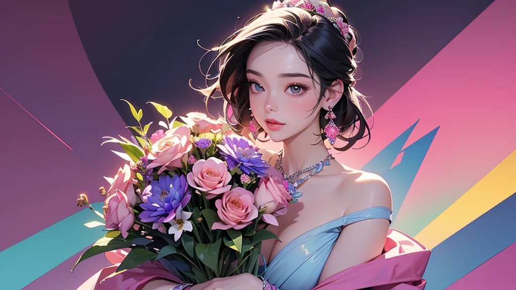 32K, 最高quality, 最高masterpiece, (ultra-Detailed Background, Detailed Background), High resolution, Super detailed, Very detailedな, One girl, (bouquet:1.3), (Tangled:1.2), (Geometric:1.2),(colorful),(masterpiece, quality, best quality, Official Art, Beautiful and beautiful:1.2), (1 girl:1.3), Very detailed,(colorful:1.1)(Flowers:1.3),Most detailed,(Tangled:1.2), whole body, (Abstract background:1.3), (Skin glows), (Many colors:1.4), ,(Earrings Jewelry:1.5), Gradient pink background,