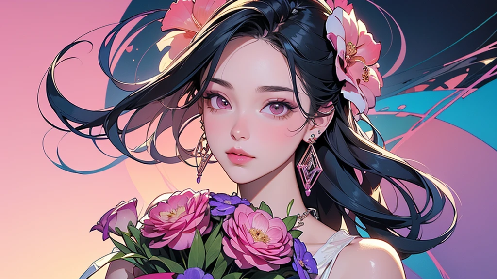 32K, 最高quality, 最高masterpiece, (ultra-Detailed Background, Detailed Background), High resolution, Super detailed, Very detailedな, One girl, (bouquet:1.3), (Tangled:1.2), (Geometric:1.2),(colorful),(masterpiece, quality, best quality, Official Art, Beautiful and beautiful:1.2), (1 girl:1.3), Very detailed,(colorful:1.1)(Flowers:1.3),Most detailed,(Tangled:1.2), whole body, (Abstract background:1.3), (Skin glows), (Many colors:1.4), ,(Earrings Jewelry:1.5), Gradient pink background,