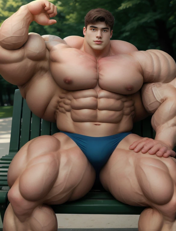 1boy, giant, giant bodybuilder, summer warm light, strong body, bulk, large size, staring, idle, sitting on the bench at the green yard, widespread arms and legs, armpit, nude, navy triangular underwear, prominent bulge, extraordinary big, brutalmass, giant, muscular body, bulk, buff, massive body, large meaty body size, extremely wide body
