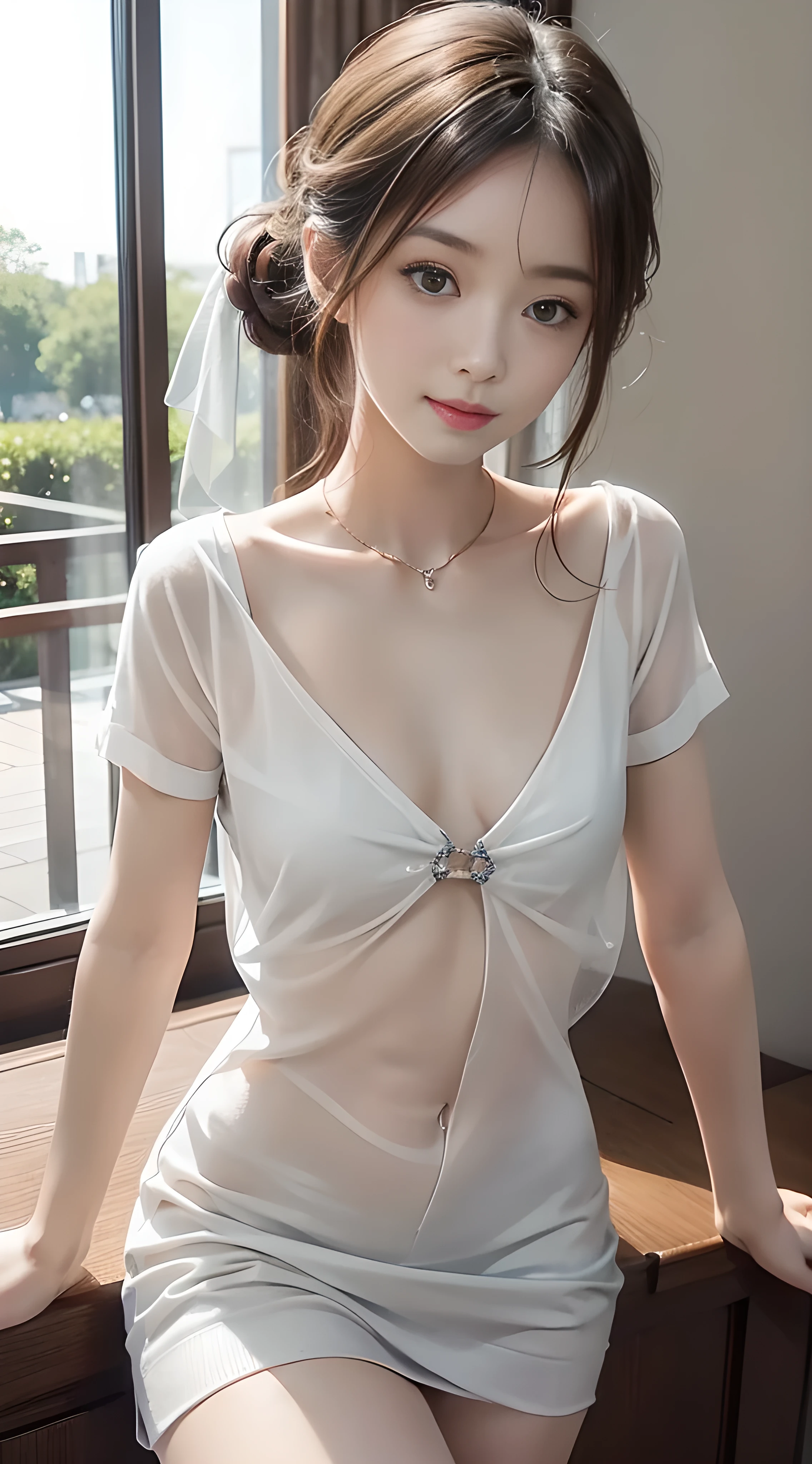 masterpiece、Top image quality:1.2、((beautiful young woman with))、topless, Transparent skin:1.2、{A slight smil}、(kawaii)、Transparant short sleeve knit:1.2、luxury hotel、depth of fields、Sharp Focus:1.5、Fine details、The chest is sheer