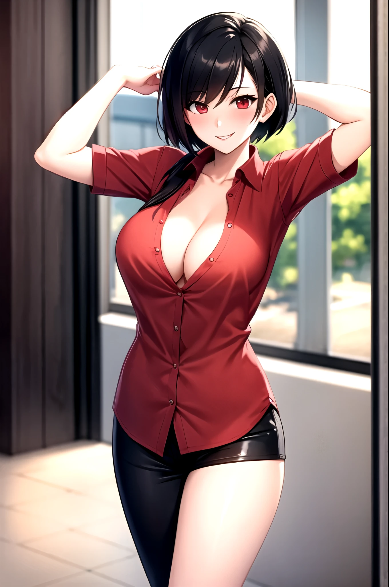 Ada wong,Red Shirt,Cleavage,Black trousers,smile,Sexy,Shirt with upturned collar, Shirt with open collar, high collar shirt,blush,One Woman,Place your hands behind your head,whole body,front,By the window of the rising sun,Shirt with a standing collar,Semi-short,