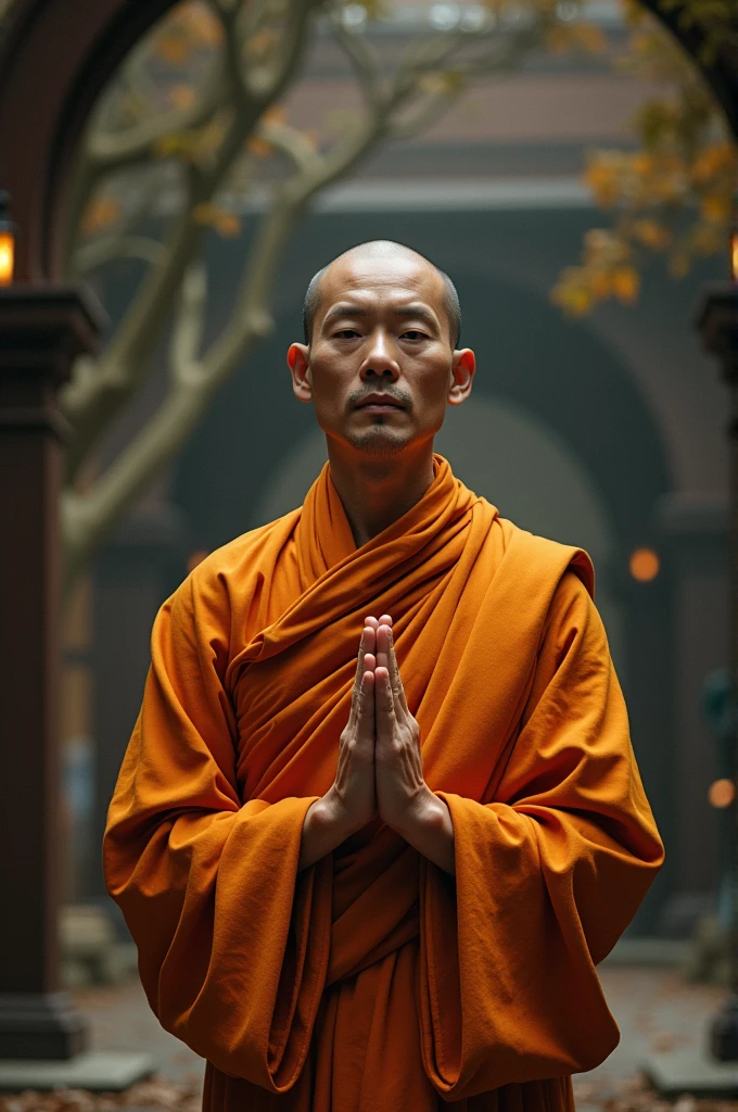 Chinese monk，Divine light, Chinese to pray to heaven, In front of beauty, The moon rises, One hand forward, Relationship with the Buddha Lord, Photo portrait,8K surrealism。